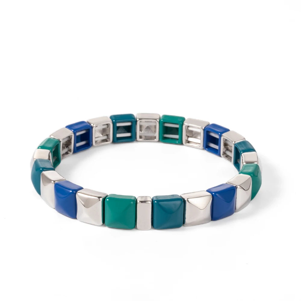 Tejesa Colorful Enamel Square Shape Rhombus Faced Bohemain Geometric Elastic Bracelets For Women