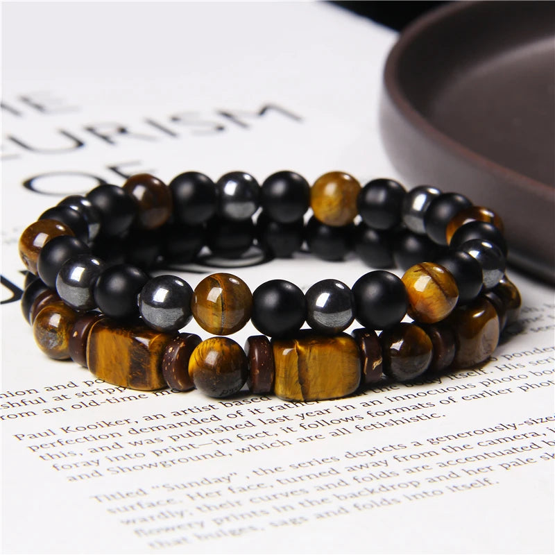 2pcs/set Beaded Bracelet Natural Stone Tiger Eye Hematite Beads Bracelet Men Energy Elastic Rope Bracelet Jewelry Couples Gifts