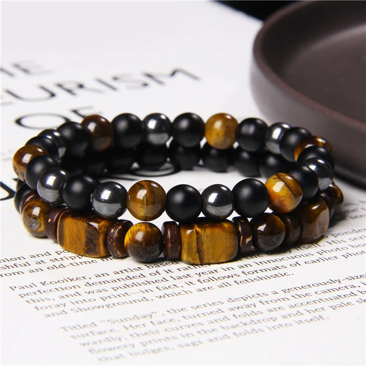 2pcs/set Beaded Bracelet Natural Stone Tiger Eye Hematite Beads Bracelet Men Energy Elastic Rope Bracelet Jewelry Couples Gifts