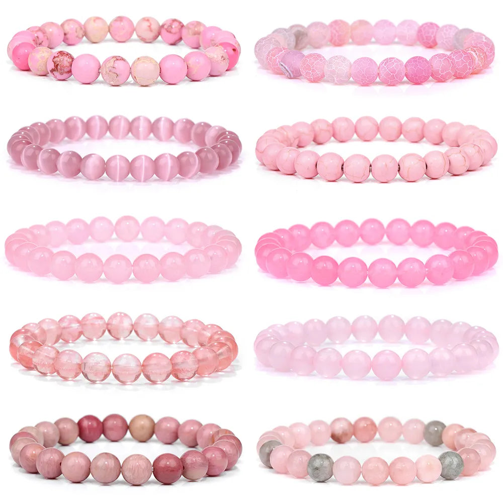 Pink Stone Bracelets 8mm Round Beaded Bracelets Rose Pink Quartzs Cat Eye Reiki Energy Stretch Bangle Jewelry Gifts For Women