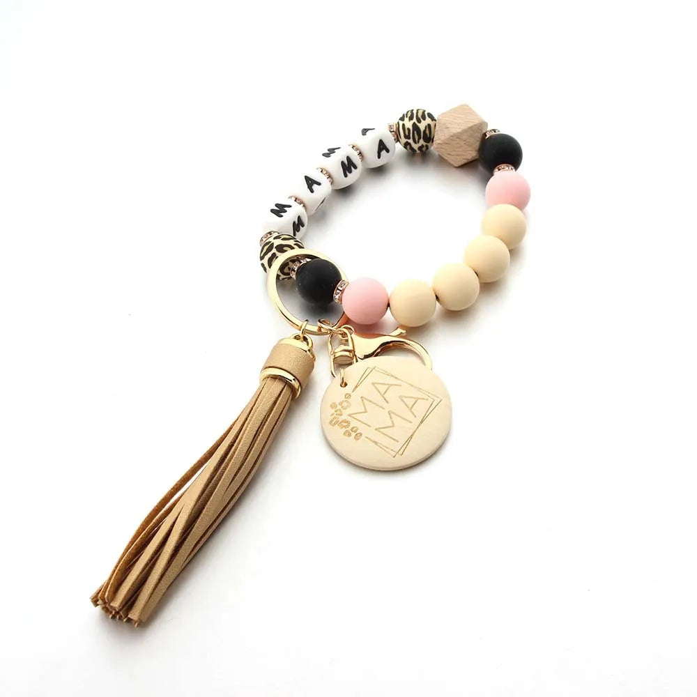 Fashion Round Wooden MAMA Pendant Tassel Keychain Silicone Ball Dice Woven Bag Charm Chain For Mother's Day gift