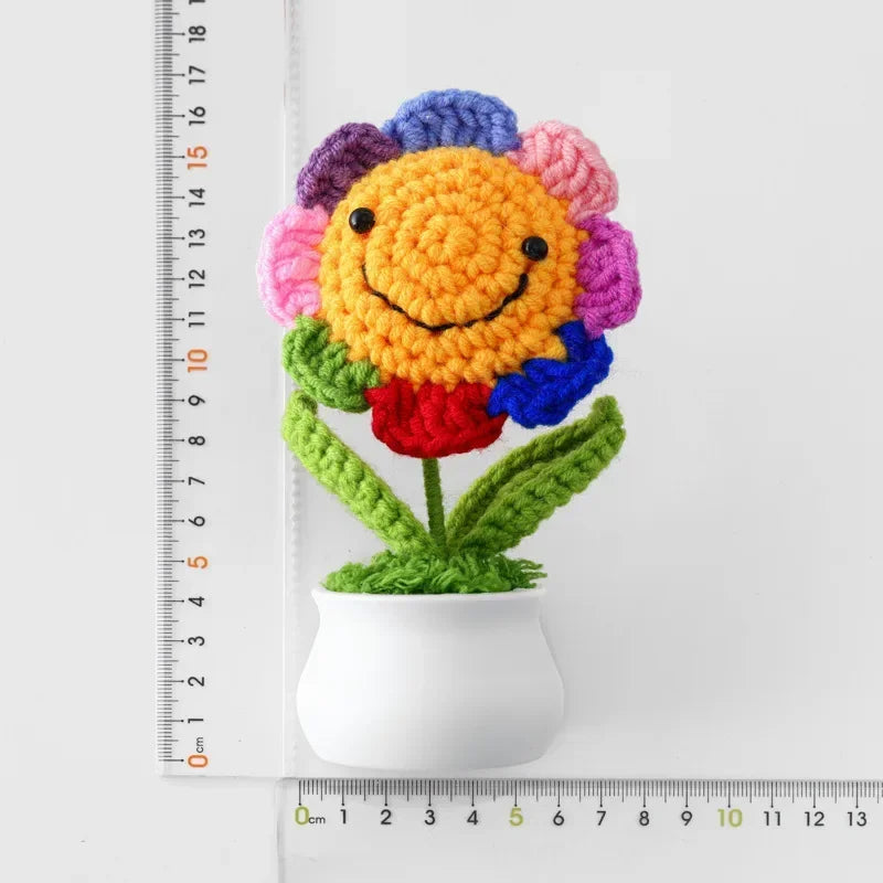 Hemasa Crochet Sunflowers Pot Creative Knitted Flowers Artificial Flower Hand Woven Finished Plant Car Desktop Decor Gift