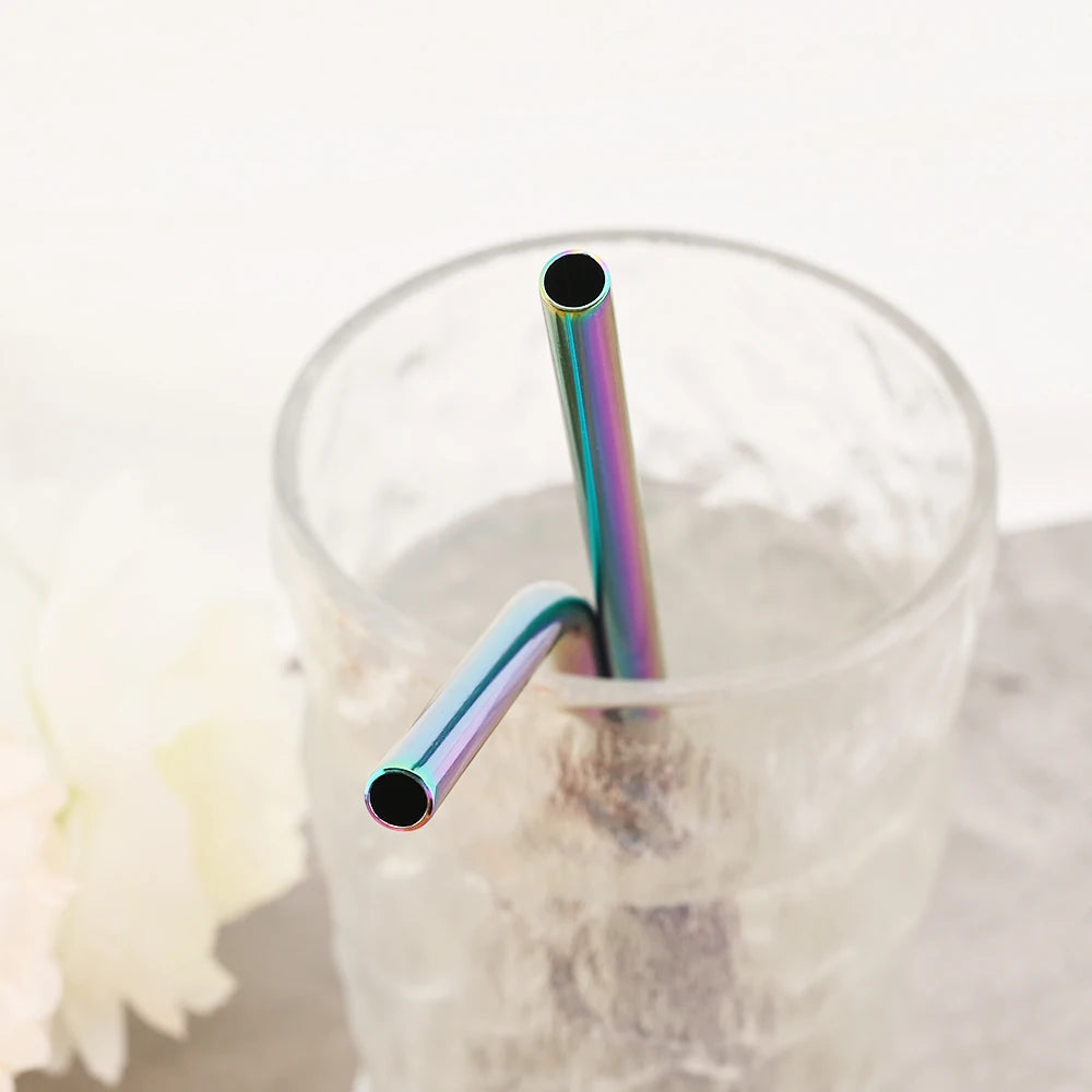 Hemasa 8pcs Stainless Steel Bent Straws Set Reusable Straws for Drinking Fruit Juice Milk Tea Coffee Colorful Straw with Cleaning Brush