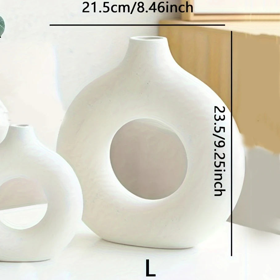 1pc, White/Beige Ceramic Vase  Vases For Decor, Modern Home Decor Vase, Boho Vases For Decor, Circle Vase, Round Vase, Donut Vas
