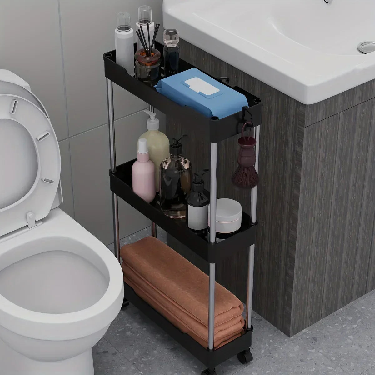 Hemasa Bathroom Storage Rack With Wheels 3/4 Layer Rolling Utility Cart Bathroom Storage Organizer Multi-purpose Corner Shelf