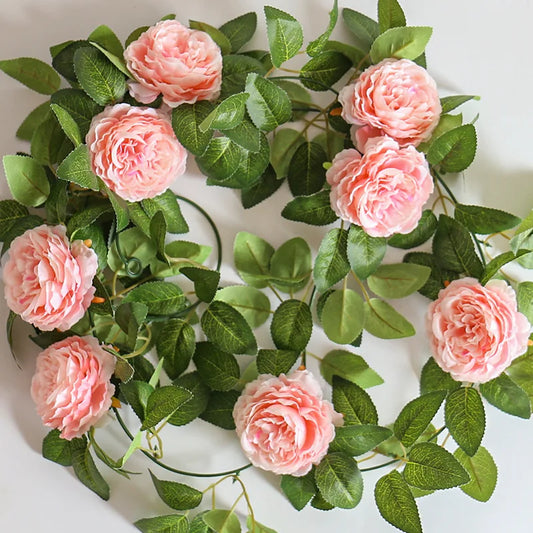 Wall Hanging Pink Silk Peony Artificial DIY Home Garden Decoration Artificial Flower Garland Green Plants Big Flowers Vines