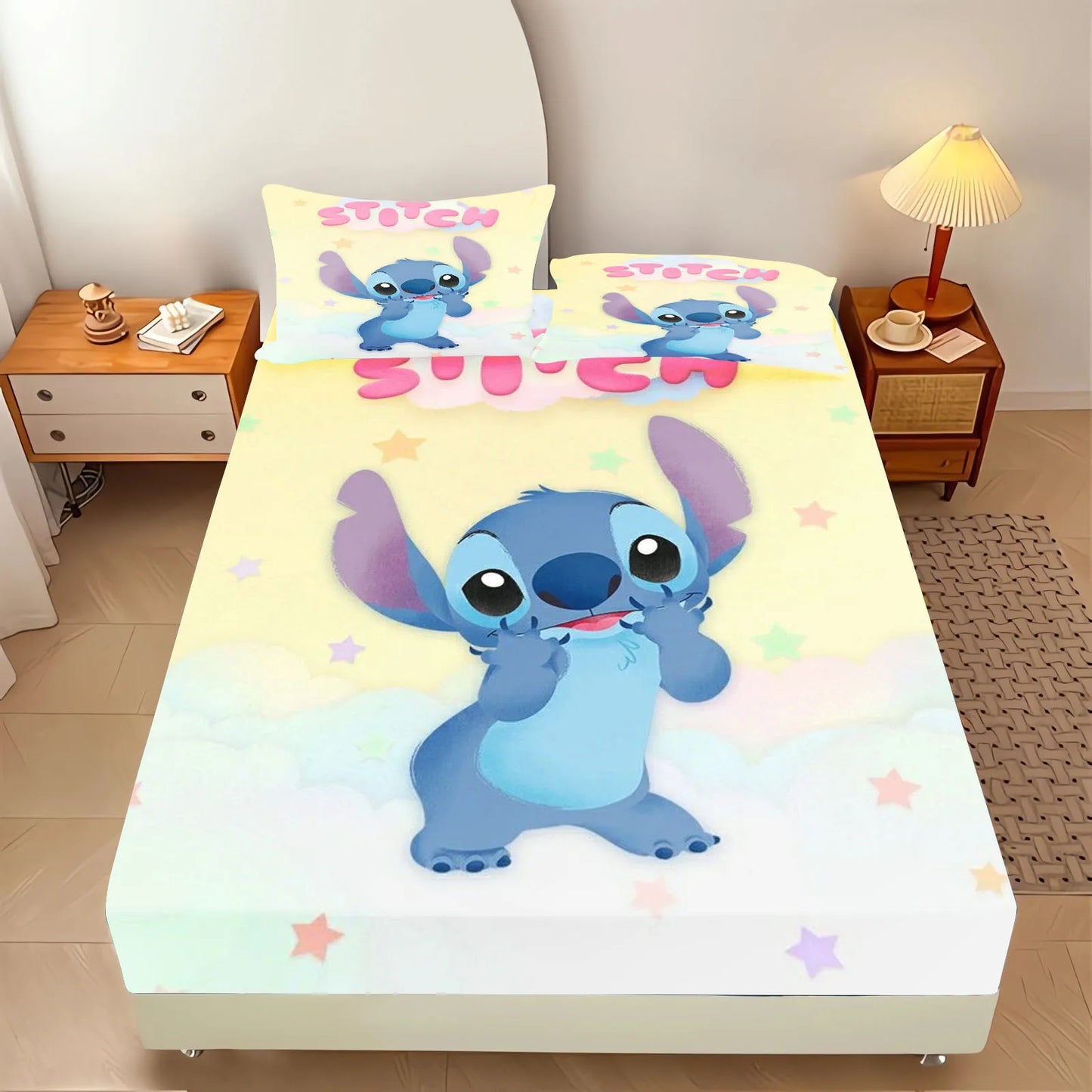 Stitch Fitted Sheet 100% Polyester Bedding Set With Pillowcase Suitable For Children And Adults Anime Kawaii