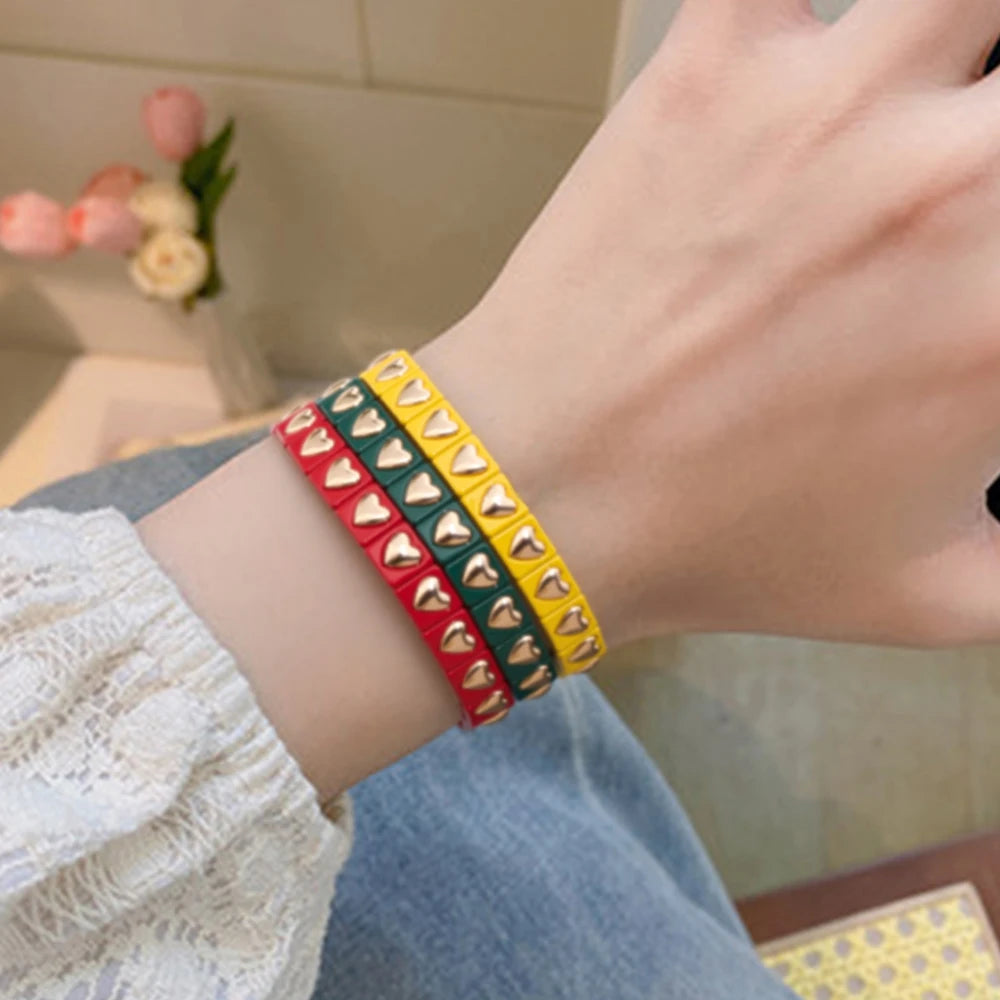 8mm Square Shape Love Bangle For Women Rainbow Color Peach Boho Enamel Elastic Beads Bracelets