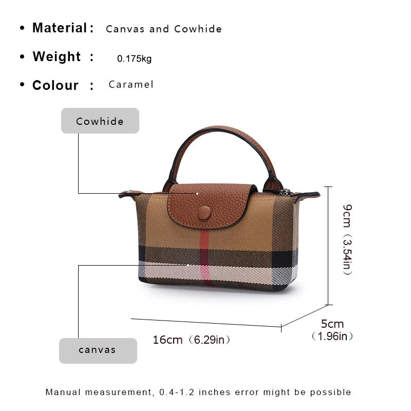 Checkered pattern single shoulder crossbody women's bag, canvas with cowhide mini bag, mobile phone bag