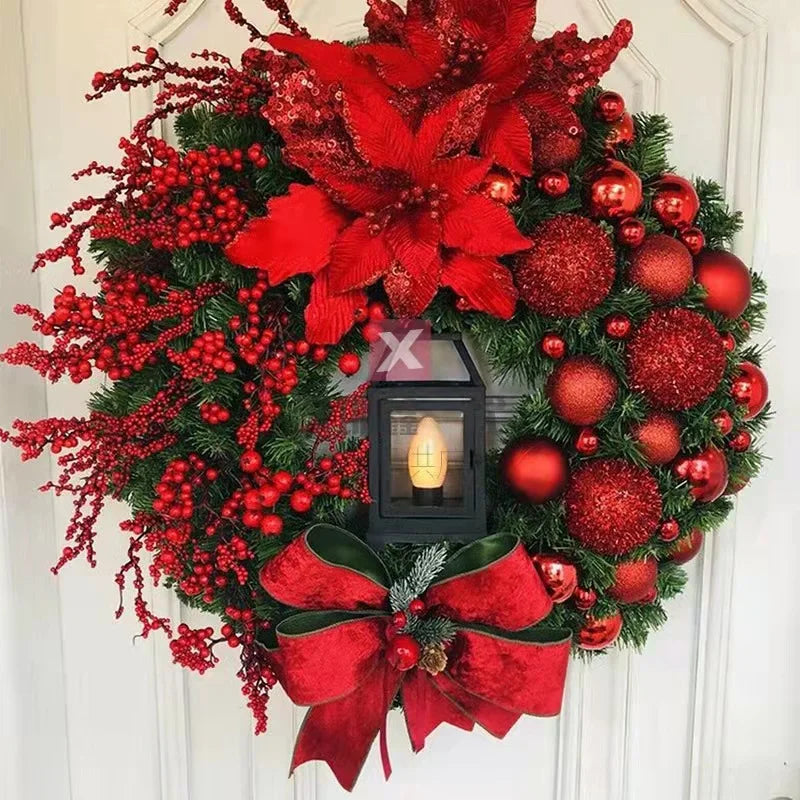 45cm Red Wreath With Lamp For Front Door Red Ball Flower Garland Xmas Ornament Window Wall Hanging Decor Christmas Decorations
