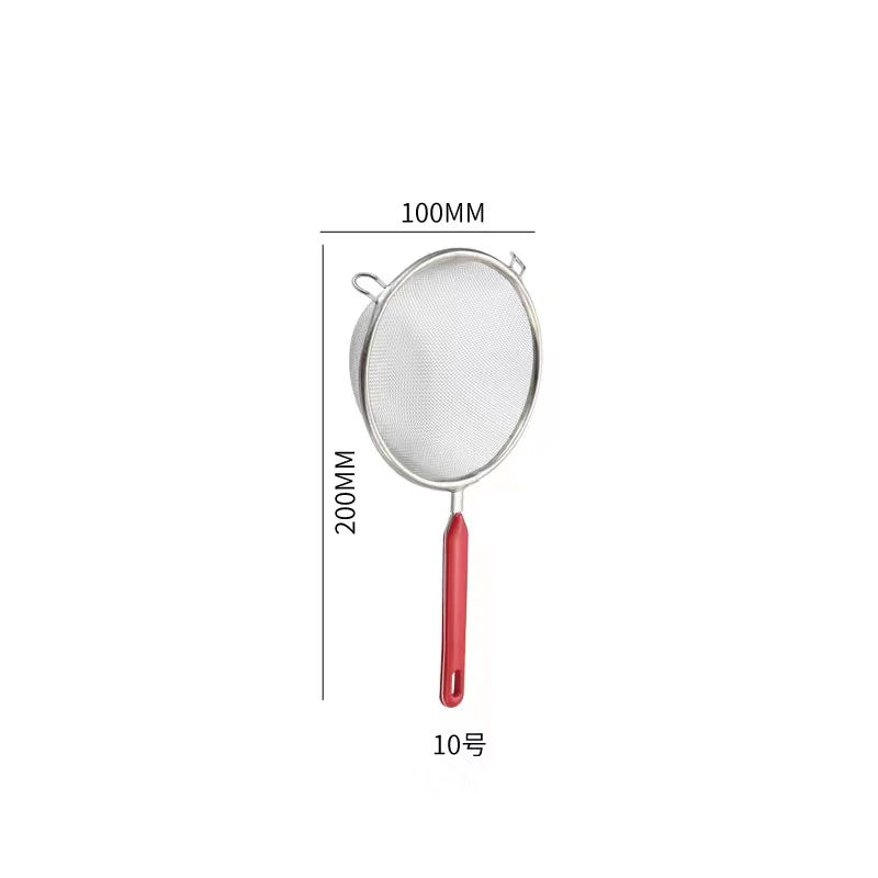 10 Sizes 201 Stainless Steel Strainer Colander Fine Mesh Oil Skimmer PP Red Handle Food Noodles Flour Sieve Frying Scoop