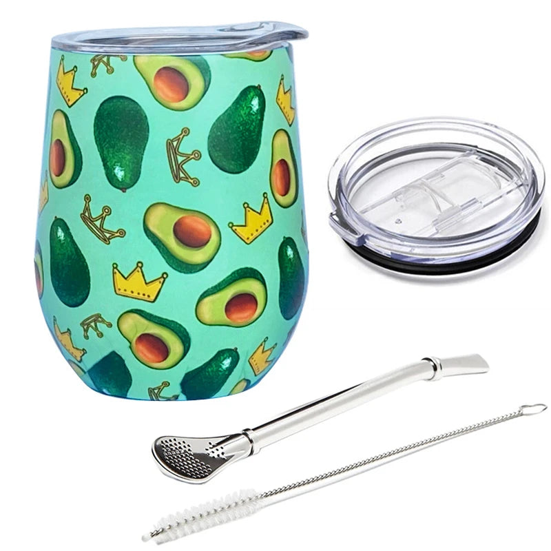 12oz Yerba Mate Tea Cup Stainless Steel Insulated Mug with Sliding Lid and Straw Coffee Cup Cocktail Champagne Cute Tumbler Cups