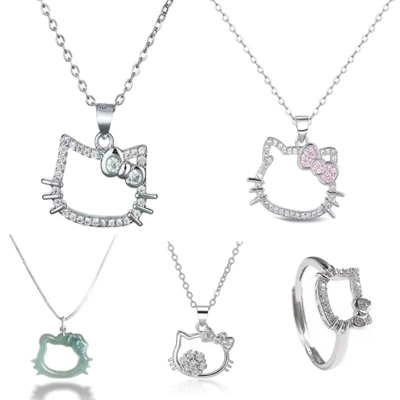 New Kawaii Sanrio Hello Kitty Sparkling Diamond Necklace Cartoon Cute Sexy Clavicle Chain Girl Cute Ring Jewelry Holiday Gifts