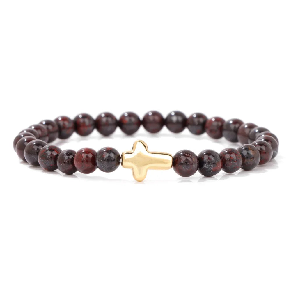 Tejesa 6mm Amethysts Bracelet Gold Color Jesus Cross Natural Stone Tiger Eye Opal African Turquoises Elastic Bracelets For Women Men