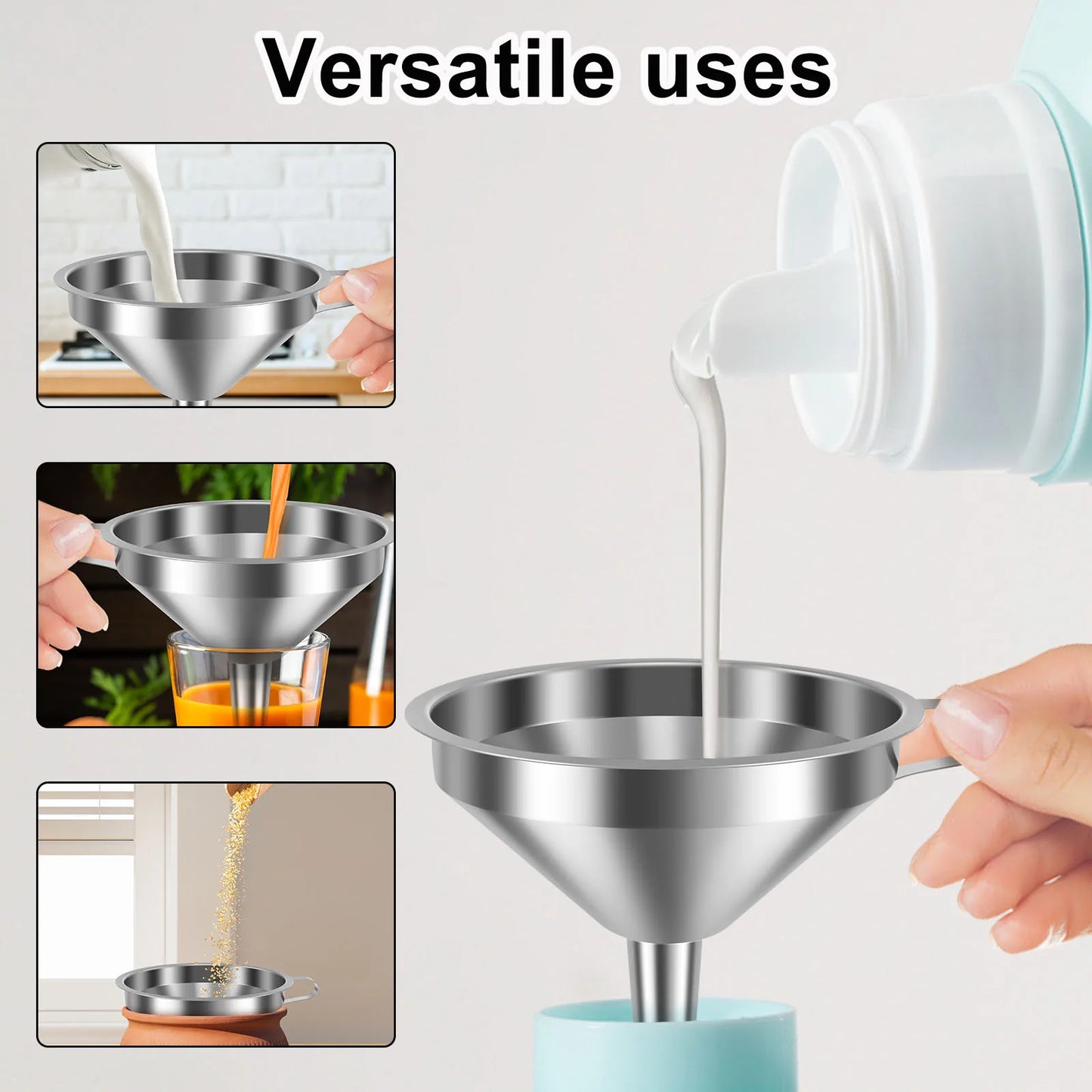 Tejesa 4Pcs Stainless Steel Funnel Kitchen Funnel with 3 Removable Strainer for Transferring Liquid Oils Jam Dry Ingredients and Powder