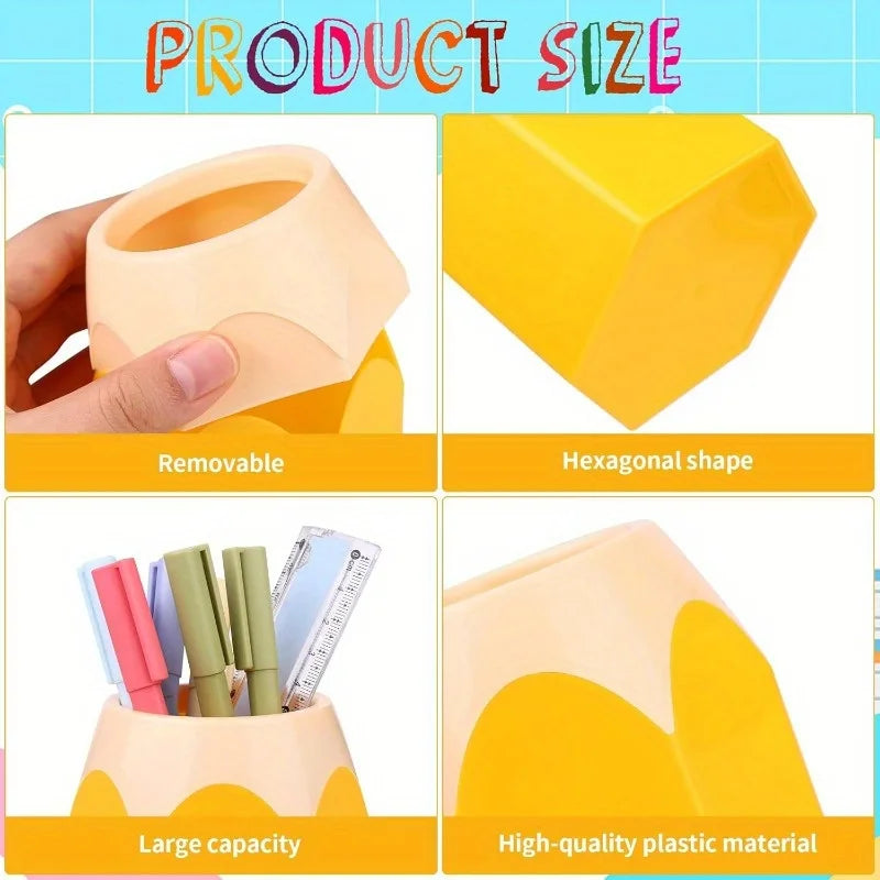 Tejesa 9/6pcs Cartoon Pencil-Shaped Desk Organizer Set | PE Plastic Pen Holder with Cup and Box, Office Colorful Stationery Storage
