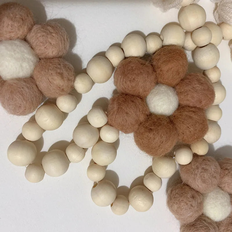 INS Wool Felt Flower Wooden Beads Garland Tassel String Bohemian Baby Kids Room Wall Hanging Ornaments Nursery Decor Photo Props