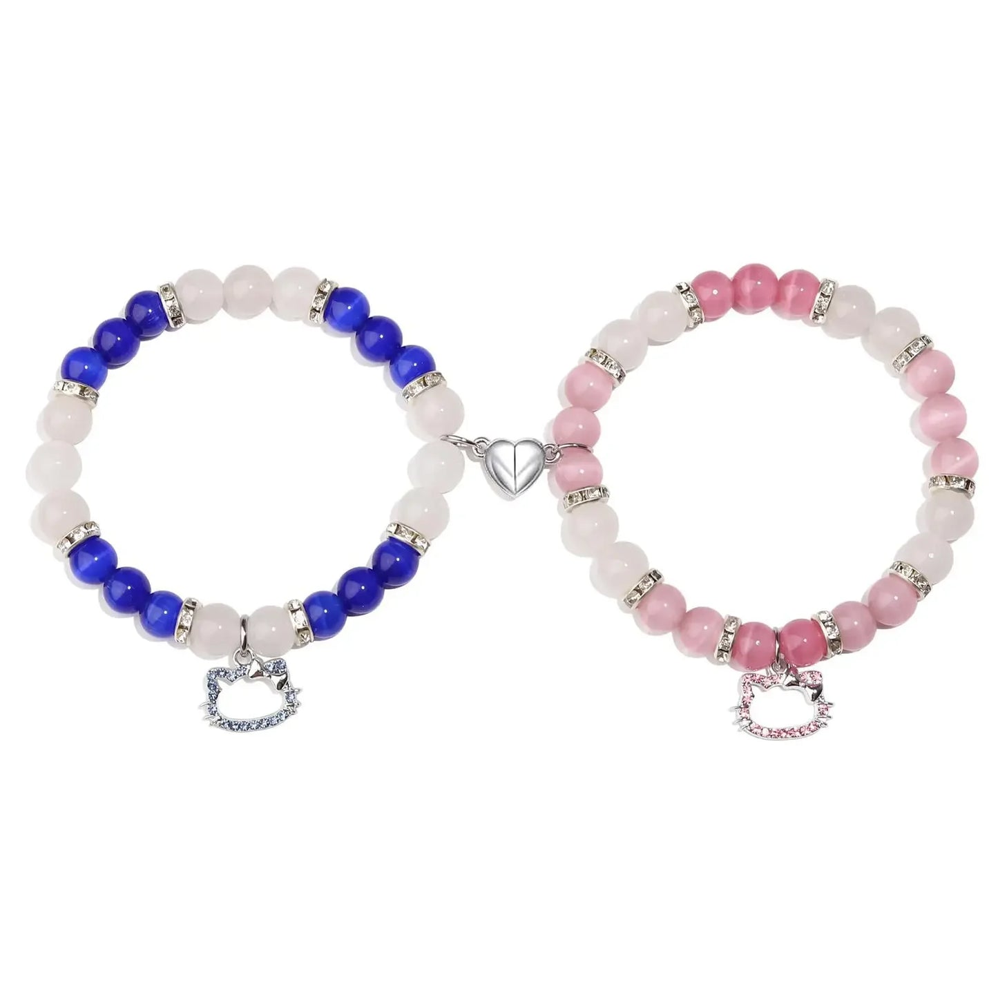 Couple Bracelet Love Magnetic Buckle Natural Cat Eye Stone Beaded Bracelet Kitty Cat Pendant Festival Gift