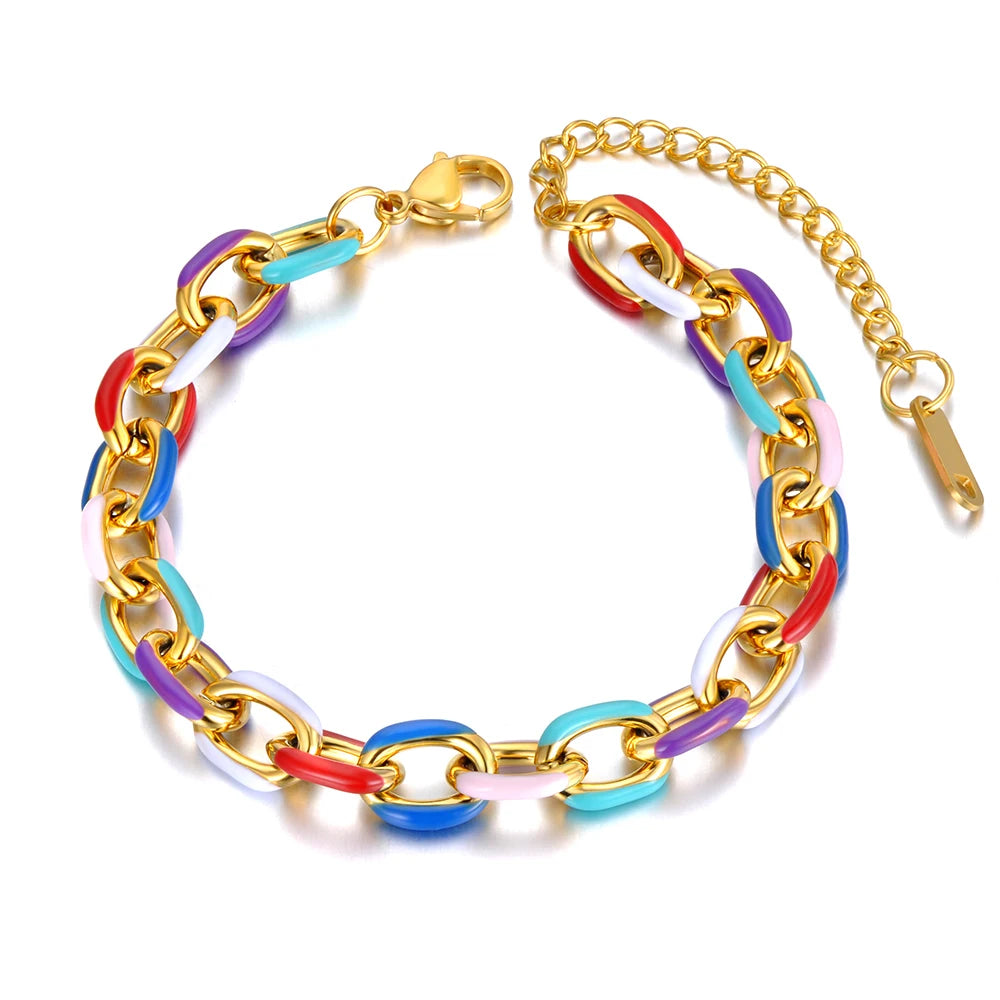 Hemasa Stainless Steel Chain & Link Bracelet Trendy 18k Gold Plated Colorful Glazed Charm Bracelet For Women JB22038