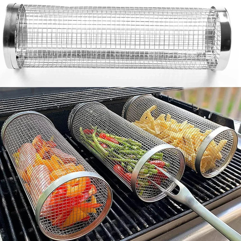 Tejesa BBQ Basket Stainless Steel Rolling Grilling Basket Wire Mesh Cylinder Cylindrical Portable Round Outdoor Camping Barbecue Rack