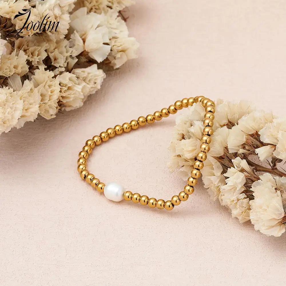 Joolim Jewelry Wholesale High End PVD No Fade Dainty Beads Pave Chain Stretchy Pearl Pendant Stainless Steel Bracelet for Women