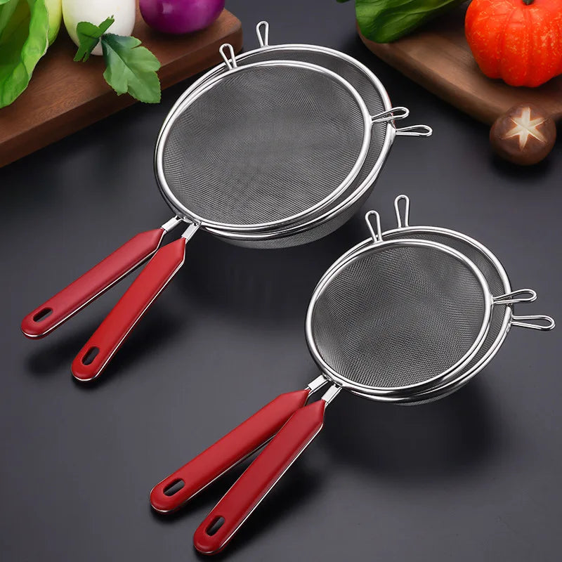 10 Sizes 201 Stainless Steel Strainer Colander Fine Mesh Oil Skimmer PP Red Handle Food Noodles Flour Sieve Frying Scoop
