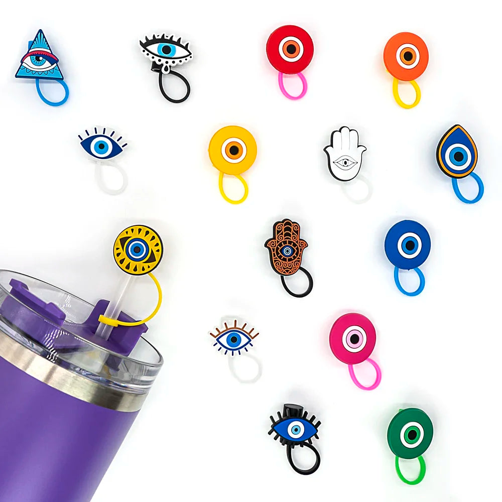1/7PCS Silicone Colorful Evil Eyes Straw Cover,8mm Reusable Straw Topper Drinking Cup Accessories,Dustproof Straw Cap Gift