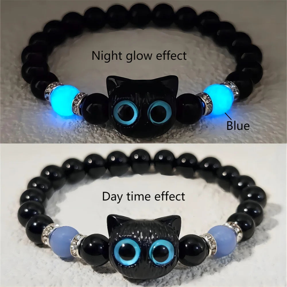 Cute Big Eye Cat Bracelets Glow-In-The-Dark Bracelet For Women Pendant Beaded Hand Chain Friendship Couple Bracelet Jewelry Gift