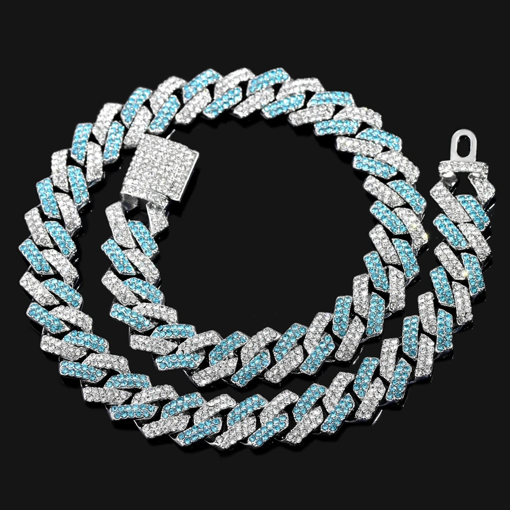 14MM Blue Prong Cuban Chain Hiphop Necklaces For Women Men 2 Row Rhombus Iced Out Cuban Link Chain Choker Necklace Jewelry