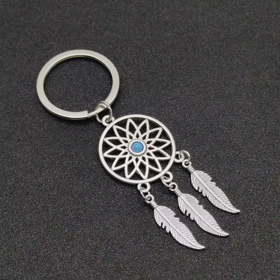 Dream Chaser Keychain Tassel Feather Pendant Keyring Beads Royal Blue Black Beads Charm Retro Car Key Chain Dream Chaser Gift