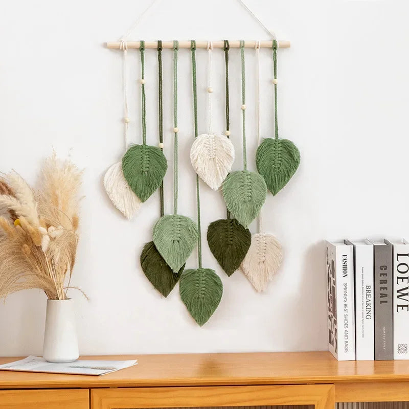 Handmade Woven Leaf Macrame Hanging Ornament, Bohemian Cotton Rope, Woven Walls Decoration for Bedroom, Living Room Wall