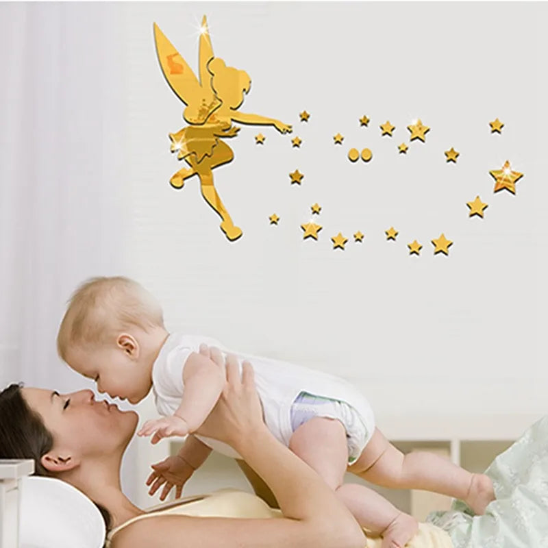 Hemasa 1 Set 3D Fairy Blown Star Plastic Mirror Wall For Girls Room  Stickers with  Glue