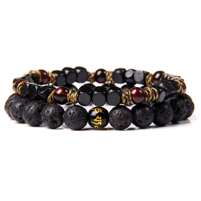 2pcs/set Beaded Bracelet Natural Stone Tiger Eye Hematite Beads Bracelet Men Energy Elastic Rope Bracelet Jewelry Couples Gifts