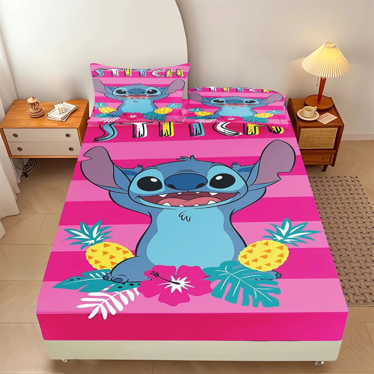 Stitch Fitted Sheet 100% Polyester Bedding Set With Pillowcase Suitable For Children And Adults Anime Kawaii