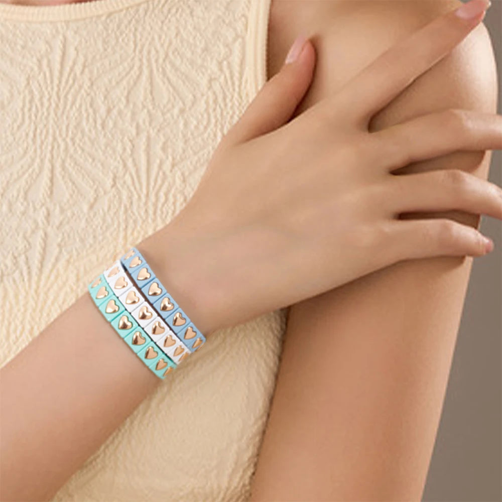 8mm Square Shape Love Bangle For Women Rainbow Color Peach Boho Enamel Elastic Beads Bracelets