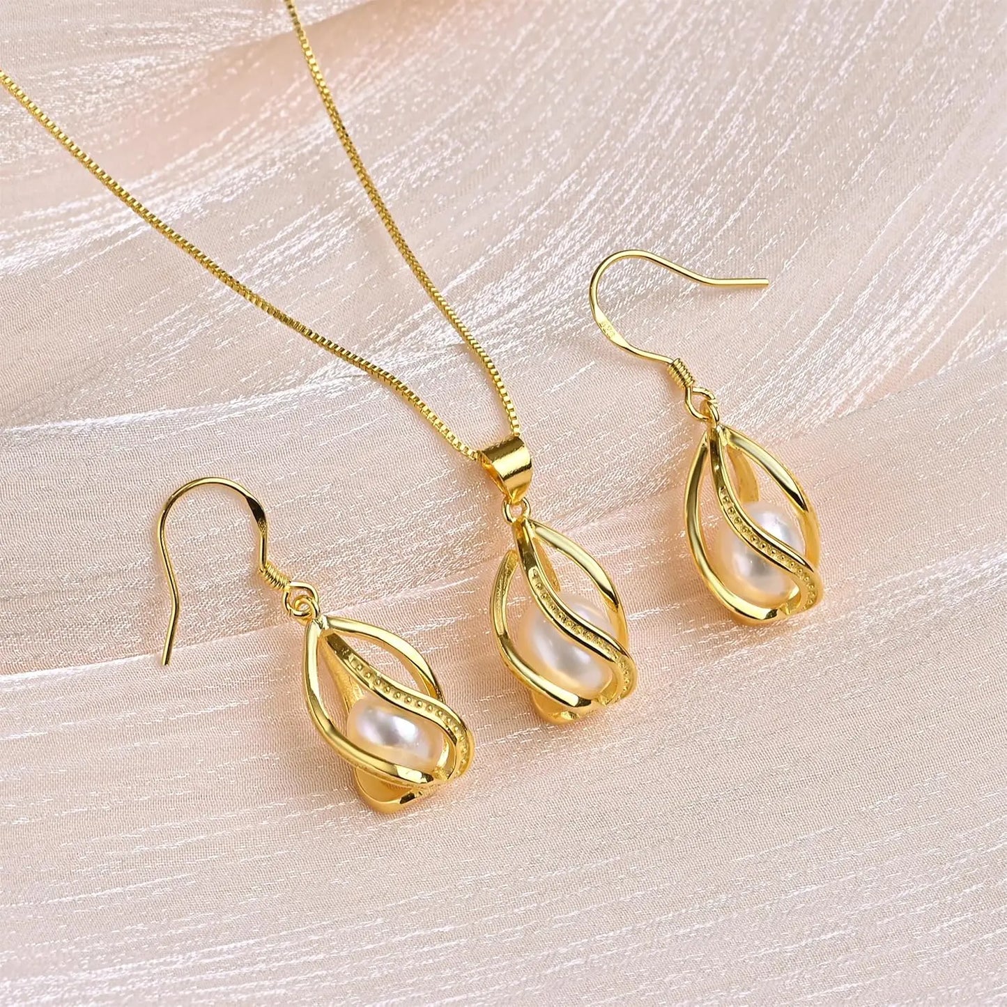 YWYC Gold Color Chain Pendant Necklace 8-9mm Natural Freshwater Pearl in Cage Pendant & Drop Earrings Jewelry Set for Women