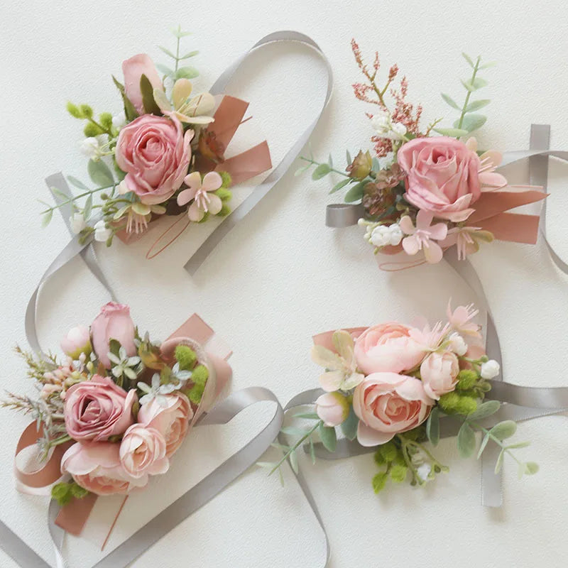 YeeNanee 6pcs Pink Corsage Boutonniere Set for Bride Groom Bridesmaids Groomsmen Wedding Cerenony Homecoming Prom Suit Flowers
