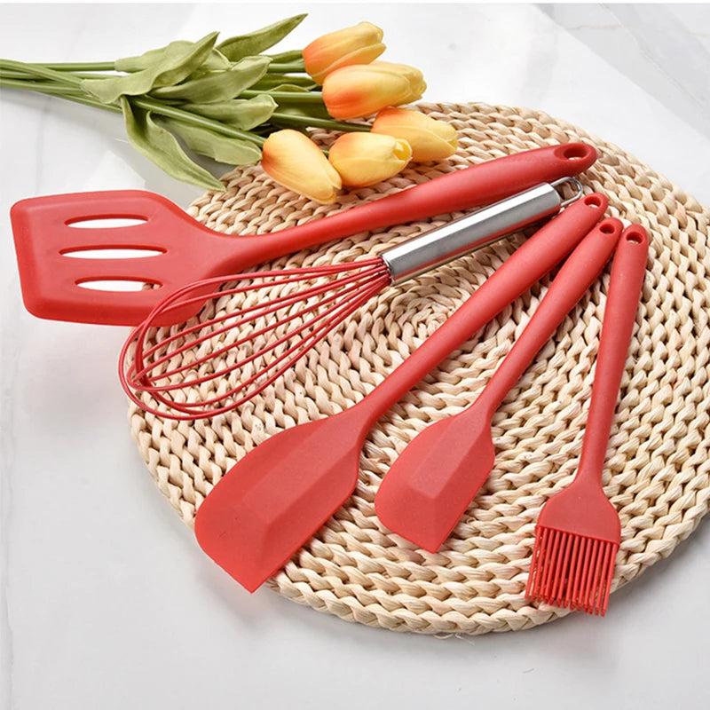 Tejesa 5Pcs Heat-Resistant Cooking Utensils Set Non-Stick Silicone Spatula Whisk Oil Brush Turner Cream Scraper Baking Set Kitchen Tool