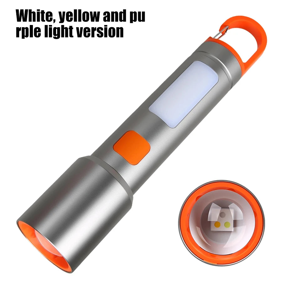 Hemasa LED COB Super Bright Flashlight USB Rechargeable Torch 1-3 Optional Light Sources Outdoor Waterproof Emergency Light with Hook