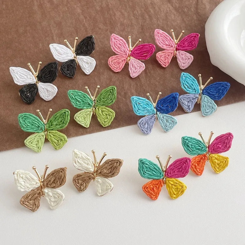 Hemasa Minar Bohemian Multicolor Rattan Knit Raffia Butterfly Wings Dangle Earrings for Women