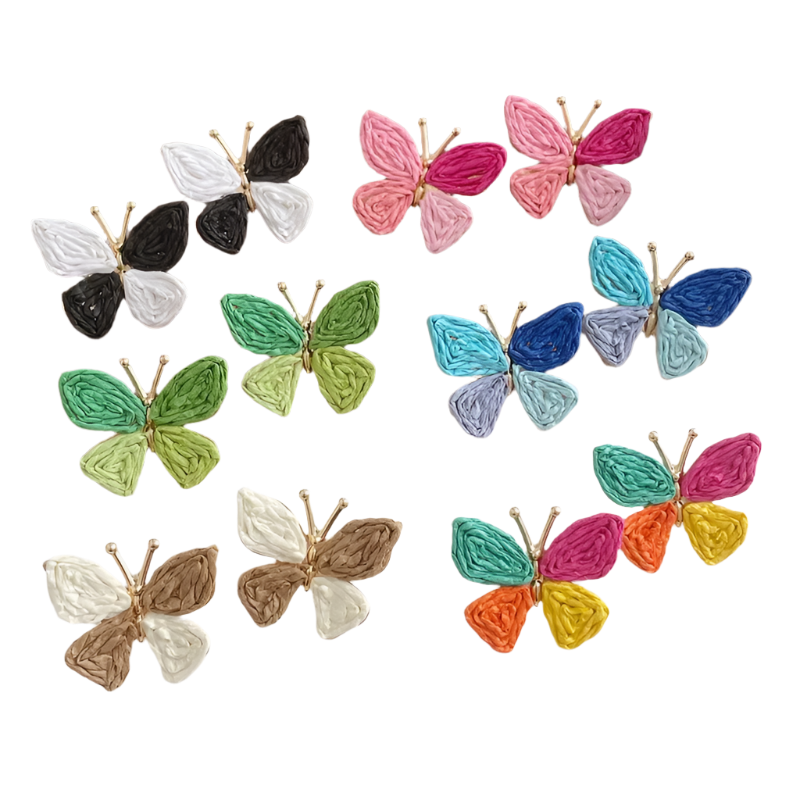 Hemasa Minar Bohemian Multicolor Rattan Knit Raffia Butterfly Wings Dangle Earrings for Women