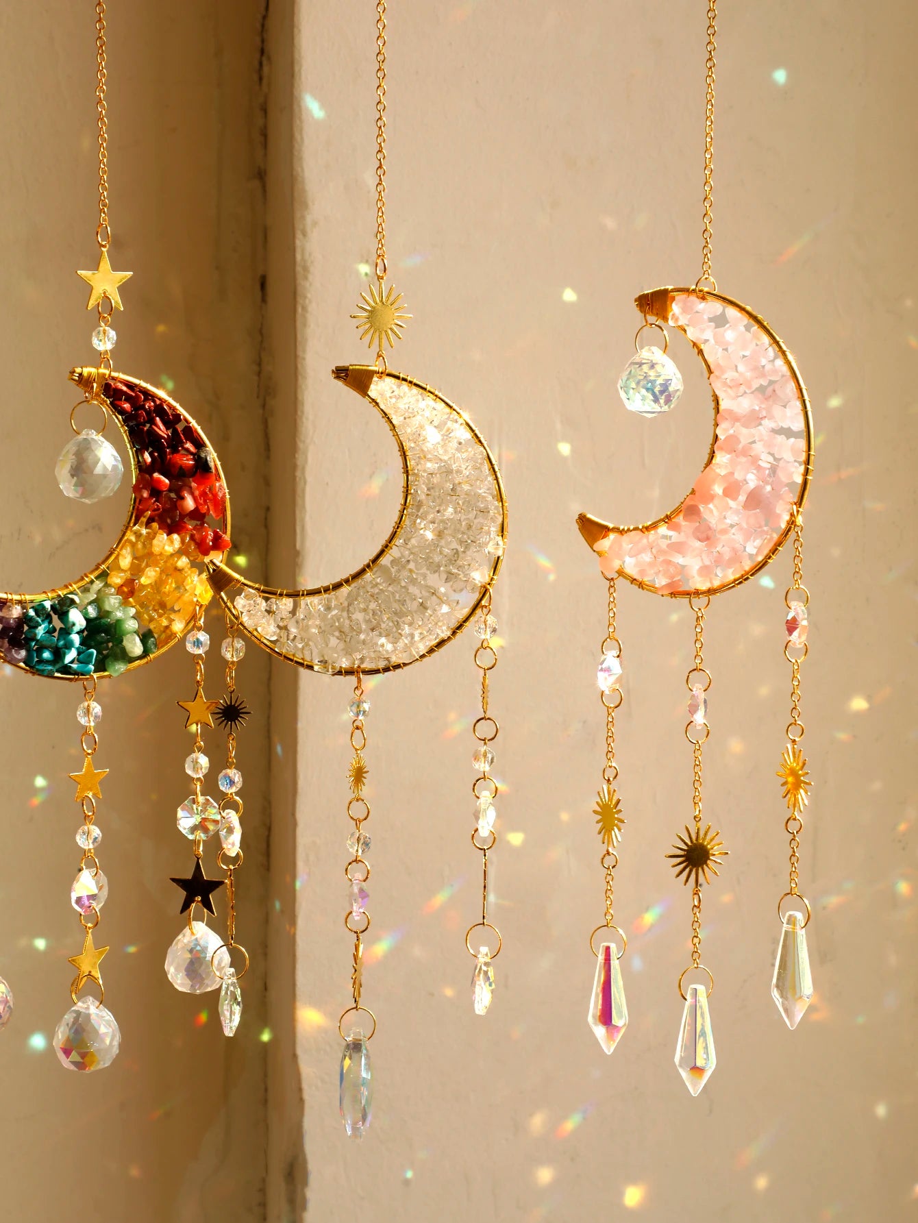 Hemasa Moon Star Crystal Suncatcher Hanging Decoration Rainbow Maker Natural Stone Light Catcher for Window Outdoor Room Ornament Gift