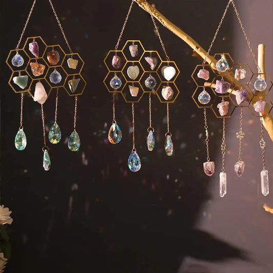 Crystals Honeycomb Suncatcher Window Hanging Decor Raw Mineral Amethyst Fluorite Gems Natural Stones Home Indoor Ornament Gifts