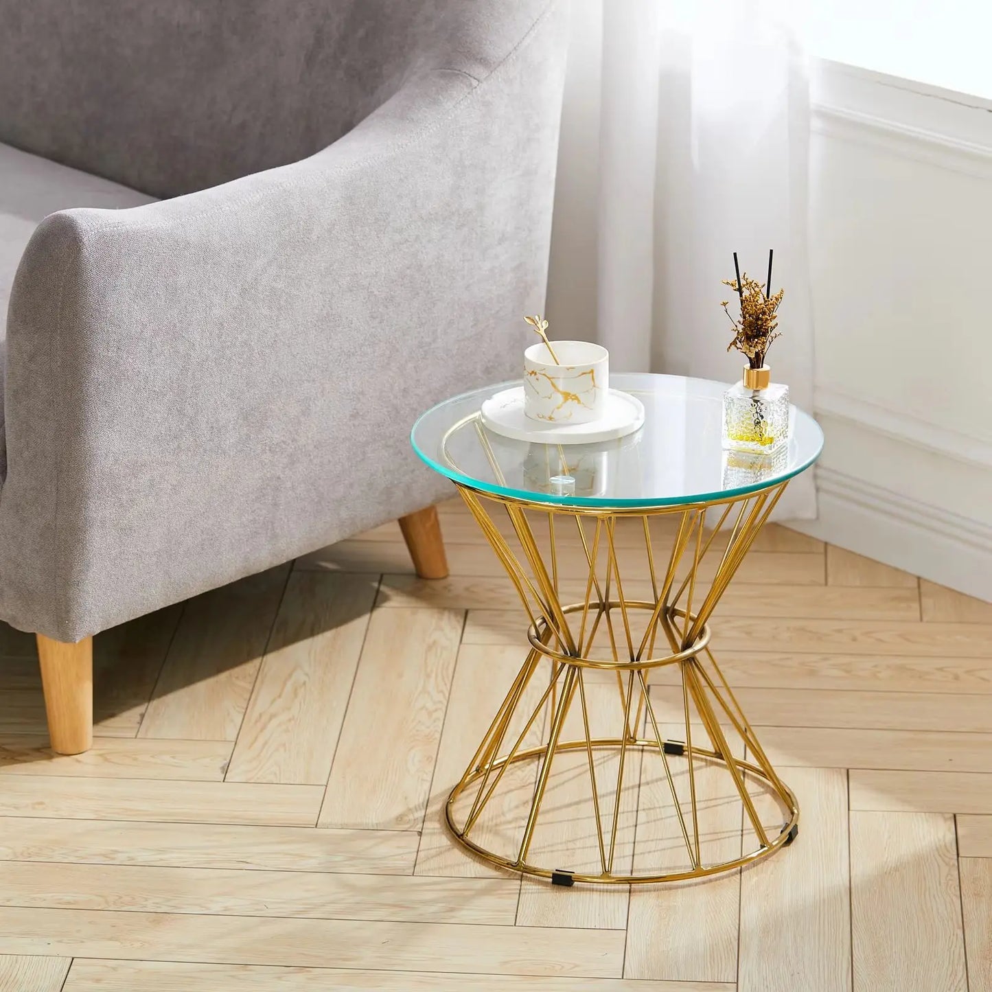 Modern Round Tempered Glass Side Table Steel Leg,Gold