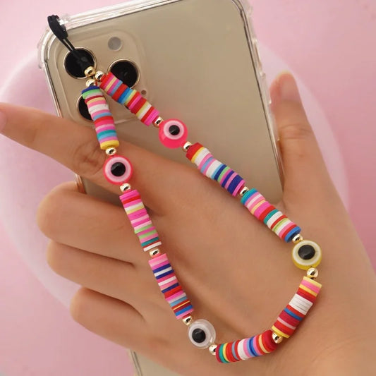 Ethnic Lucky Evil Eye Beads Chain for Mobile Phone Handmade Multicolor Clay Disc Bead Phone Strap Anti-lost Lanyard Hanging Cord
