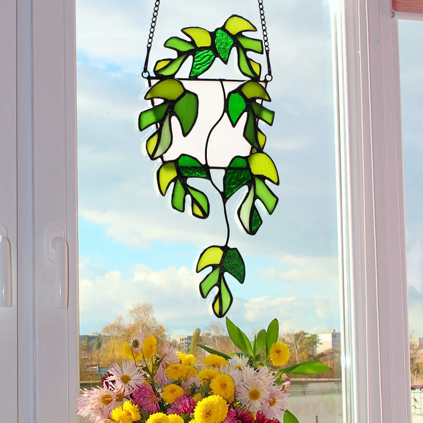 Artisanal Pothos Stained Glass Window Hangings Suncatcher For Window Exquisite Decorations Gifts Crystal Garland Beads