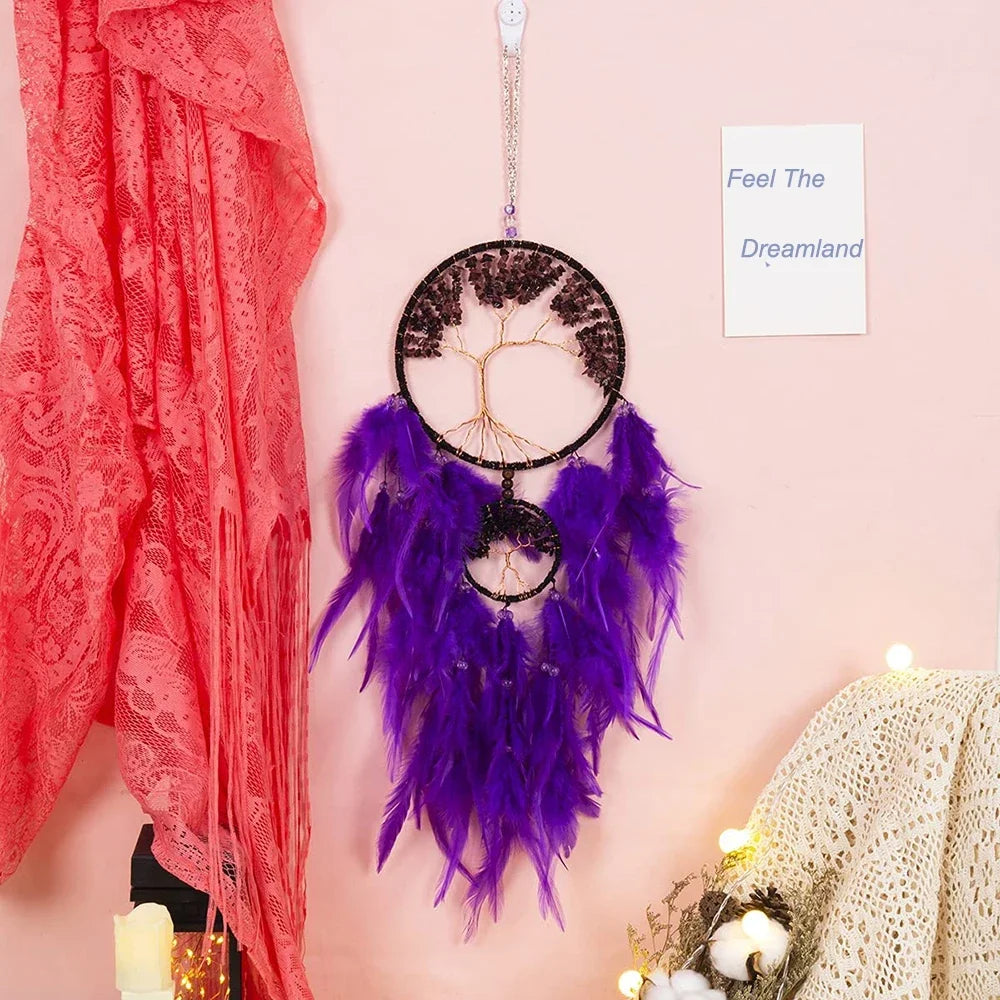 Tejesa Purple Dream Catcher   with Healing Crystal Stones /Feather Dual Tree of Life Hanging Ornament for Home/ Bedroom /Party/ Gift