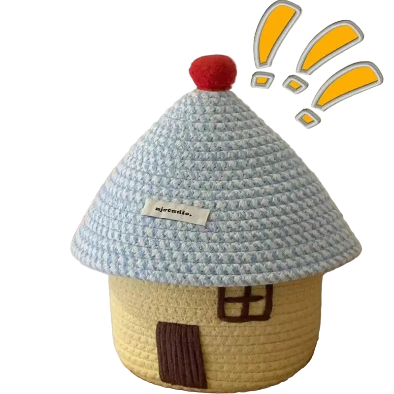 Tejesa Large Capacity  Woven Basket with Lid Cartoon House aped Storage Container Fun Desktop Organizer Basket for Home Use