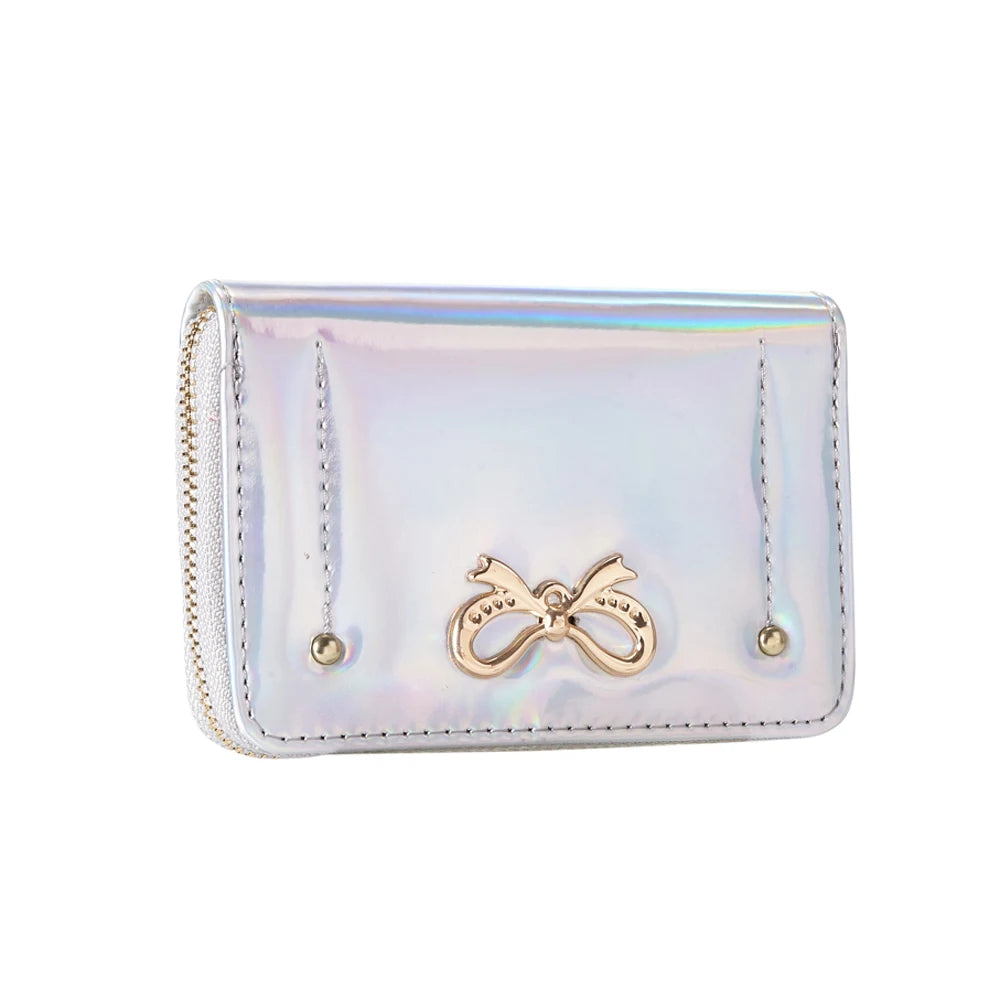 Heamsa  Pu Leather Card Holder /laser Clutch Bag/ Short Size Money Clip Bow Coin Purse for Girls