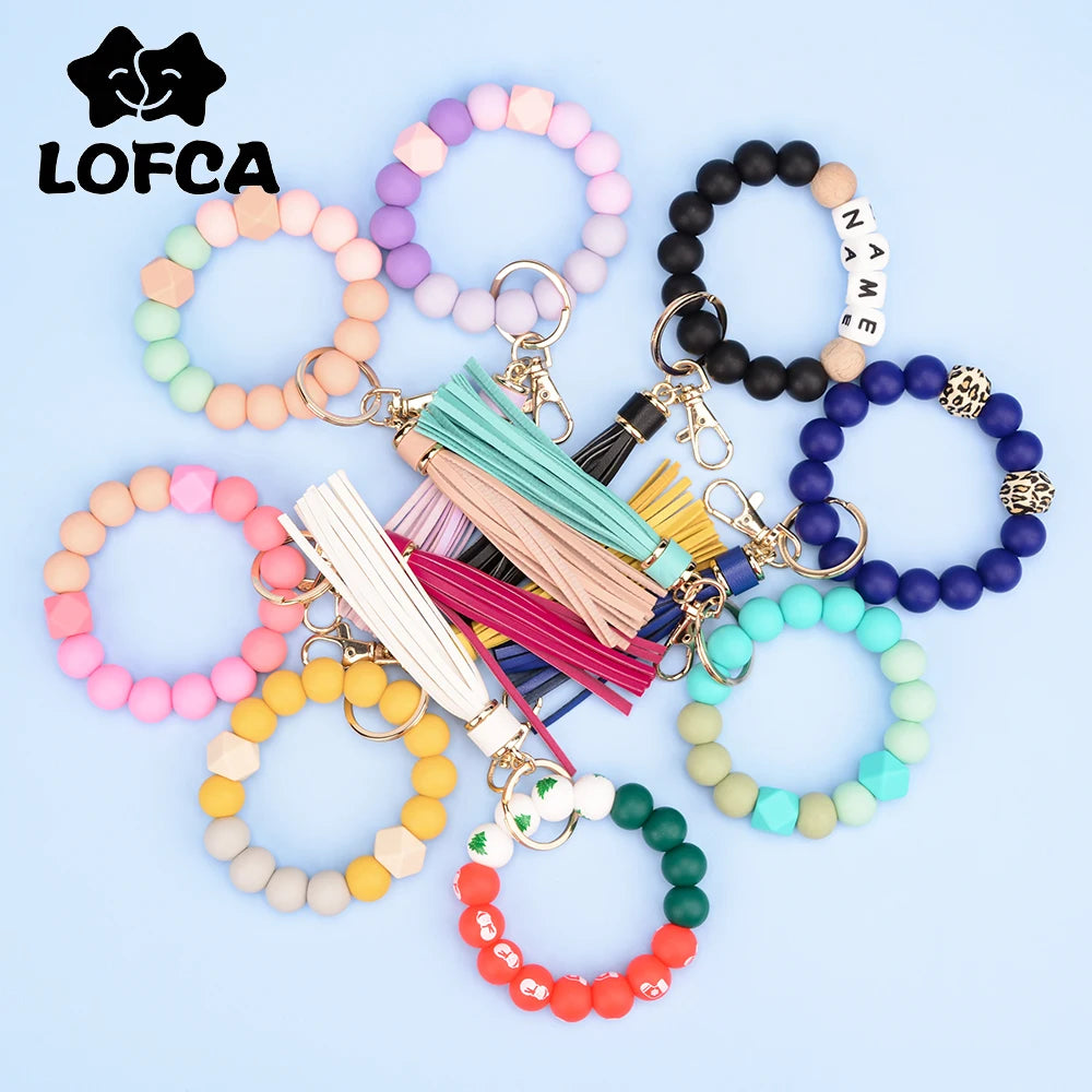 LOFCA Silicone Key Ring Bracelet Women Beaded Bangle Keychain Walletchain Wristlet Leather Tassel Silicone Beads BPA Free